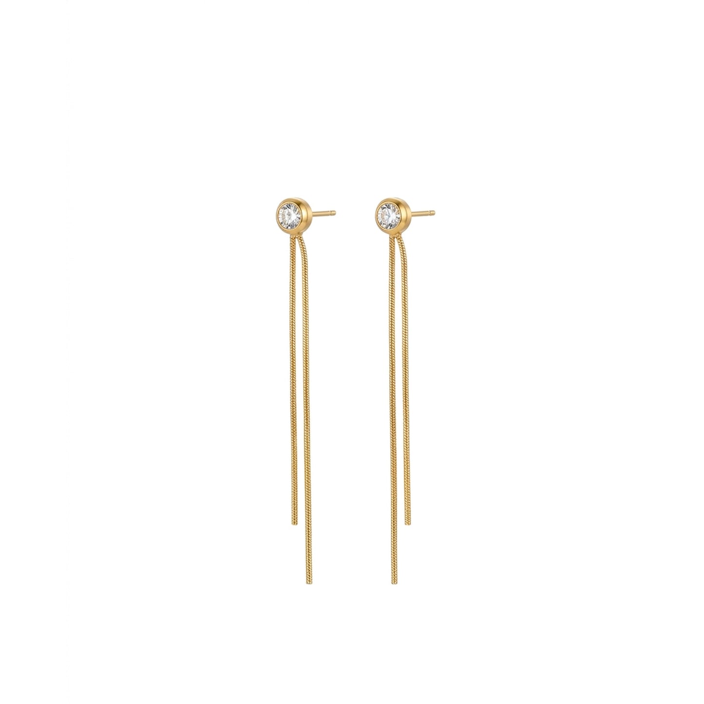 18K Gold Plated Bezel CZ Stud with Long Double Tassel Chain Drop Earrings