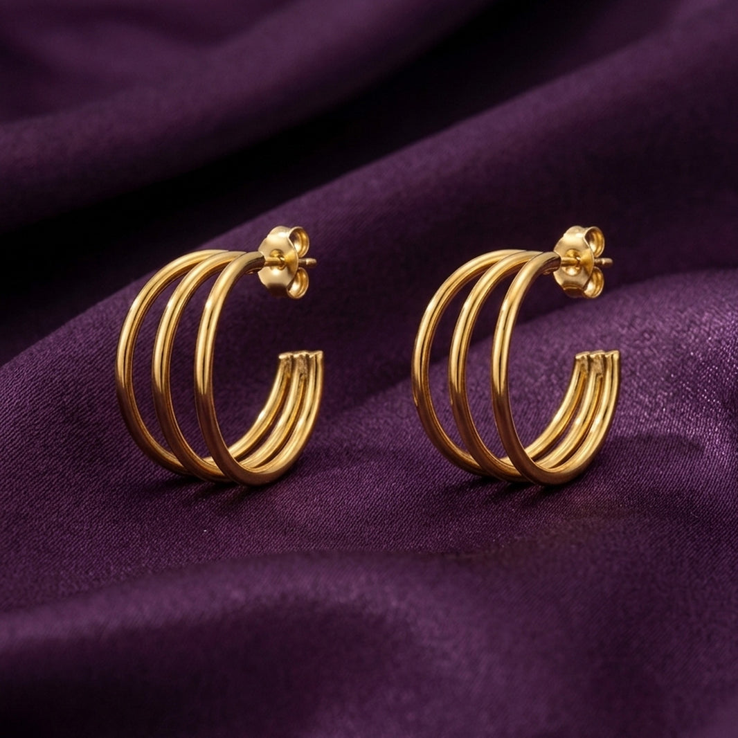 18K Gold Plated Triple Band Open Hoop Earrings