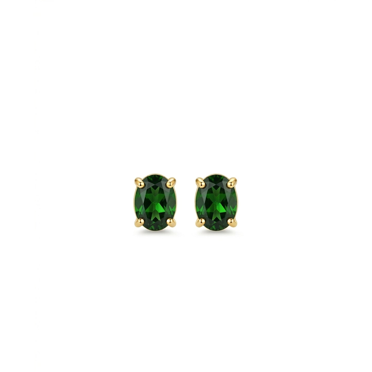 18K Gold Plated Emerald Green Oval CZ Solitaire Stud Earrings