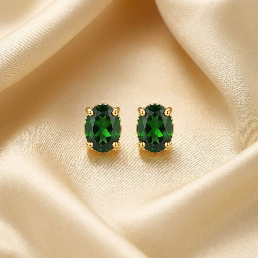 18K Gold Plated Emerald Green Oval CZ Solitaire Stud Earrings