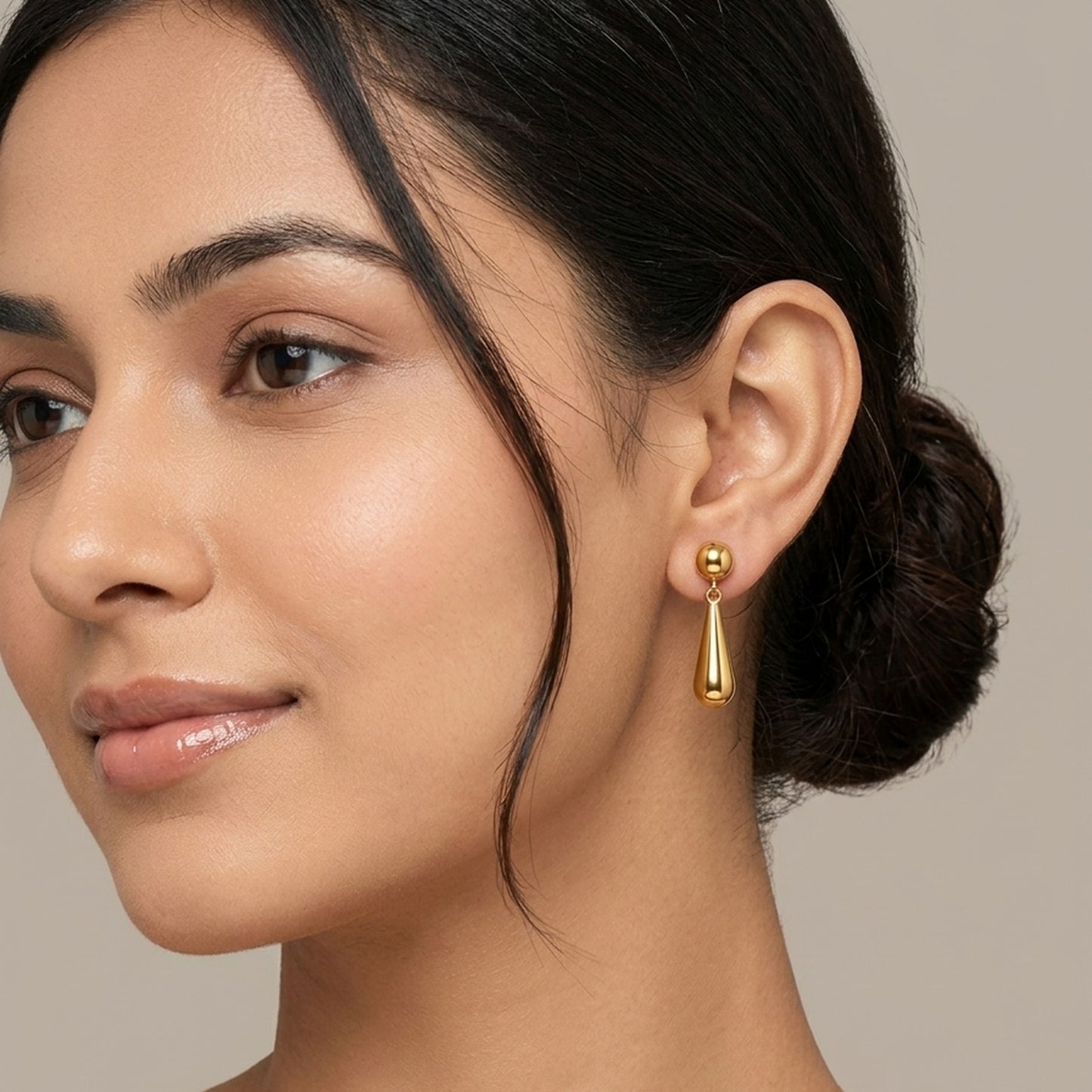 18K Gold Plated Ball Stud Elongated Teardrop Drop Earrings