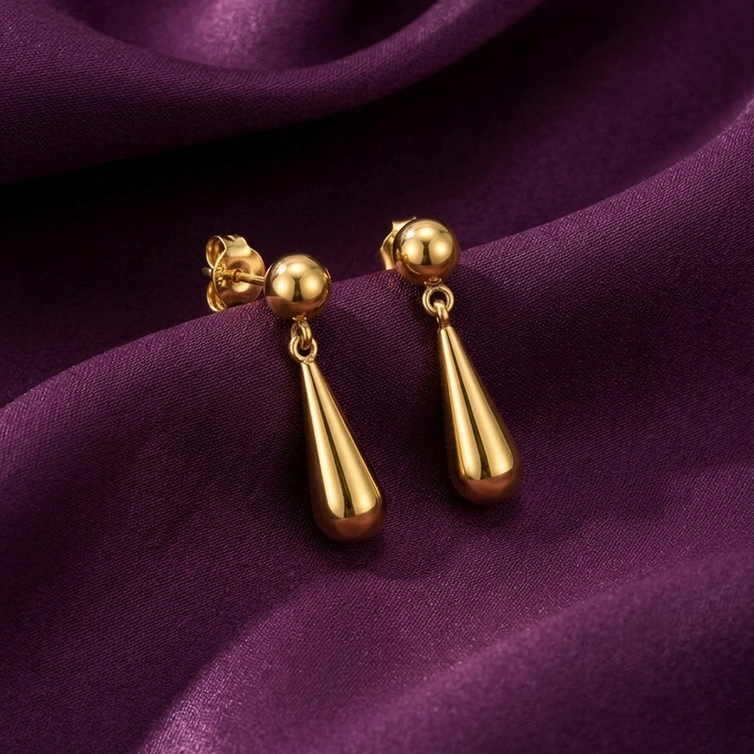 18K Gold Plated Ball Stud Elongated Teardrop Drop Earrings