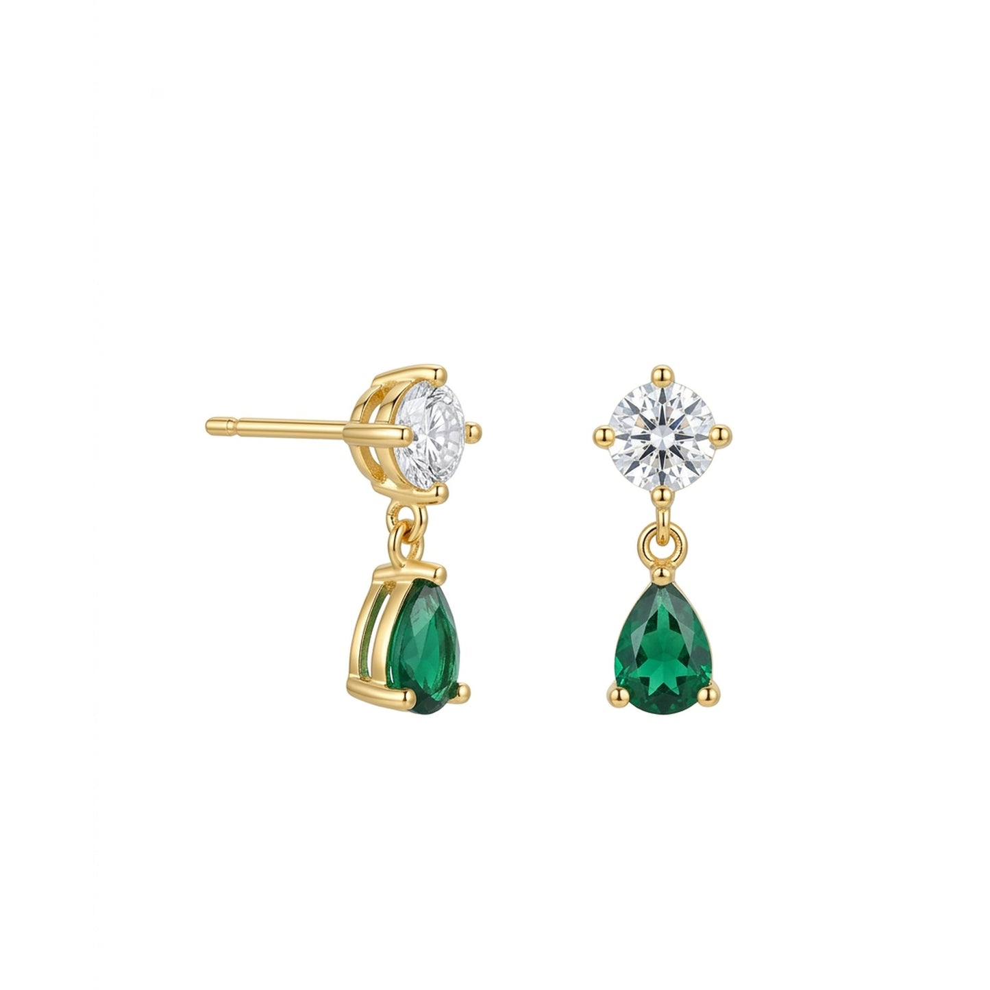 18K Gold Plated Round CZ & Green Pear Drop Stud Earrings