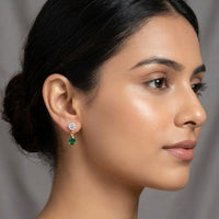 18K Gold Plated Round CZ & Green Pear Drop Stud Earrings