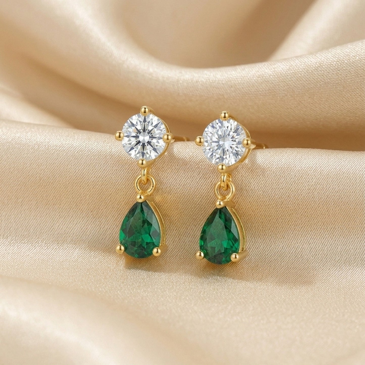 18K Gold Plated Round CZ & Green Pear Drop Stud Earrings