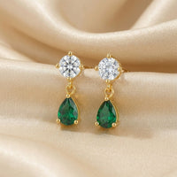 18K Gold Plated Round CZ & Green Pear Drop Stud Earrings