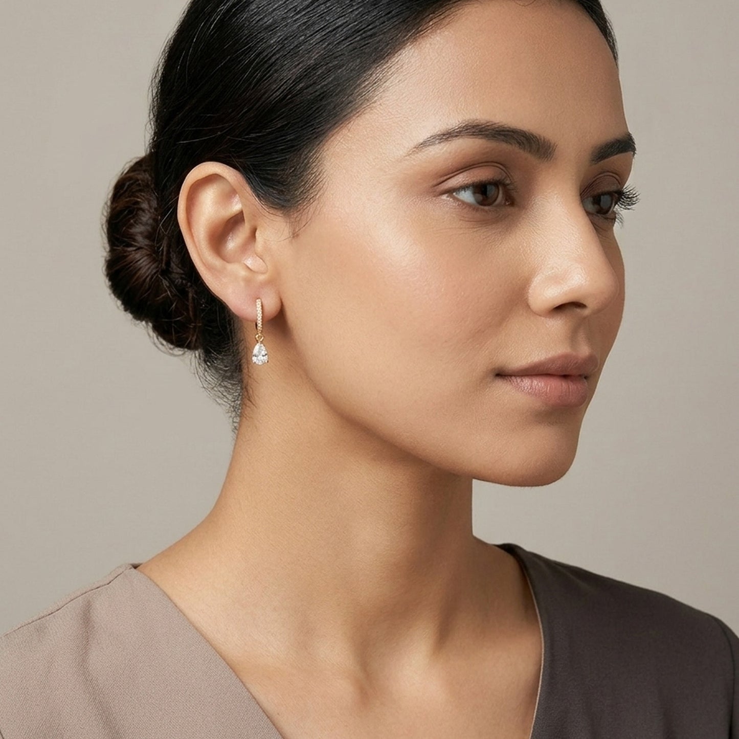 18K Gold Plated CZ Pave Huggie with Pear Drop Earrings