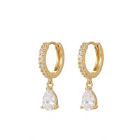 18K Gold Plated CZ Pave Huggie with Pear Drop Earrings