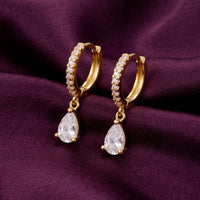 18K Gold Plated CZ Pave Huggie with Pear Drop Earrings