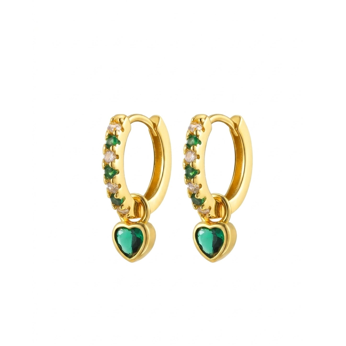 18K Gold Plated Green CZ Pave Huggie with Green Heart Drop Earrings