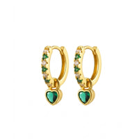 18K Gold Plated Green CZ Pave Huggie with Green Heart Drop Earrings