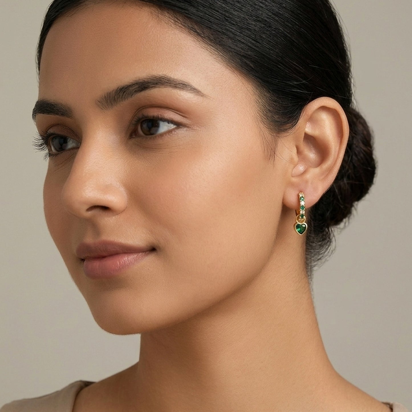 18K Gold Plated Green CZ Pave Huggie with Green Heart Drop Earrings