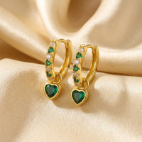 18K Gold Plated Green CZ Pave Huggie with Green Heart Drop Earrings