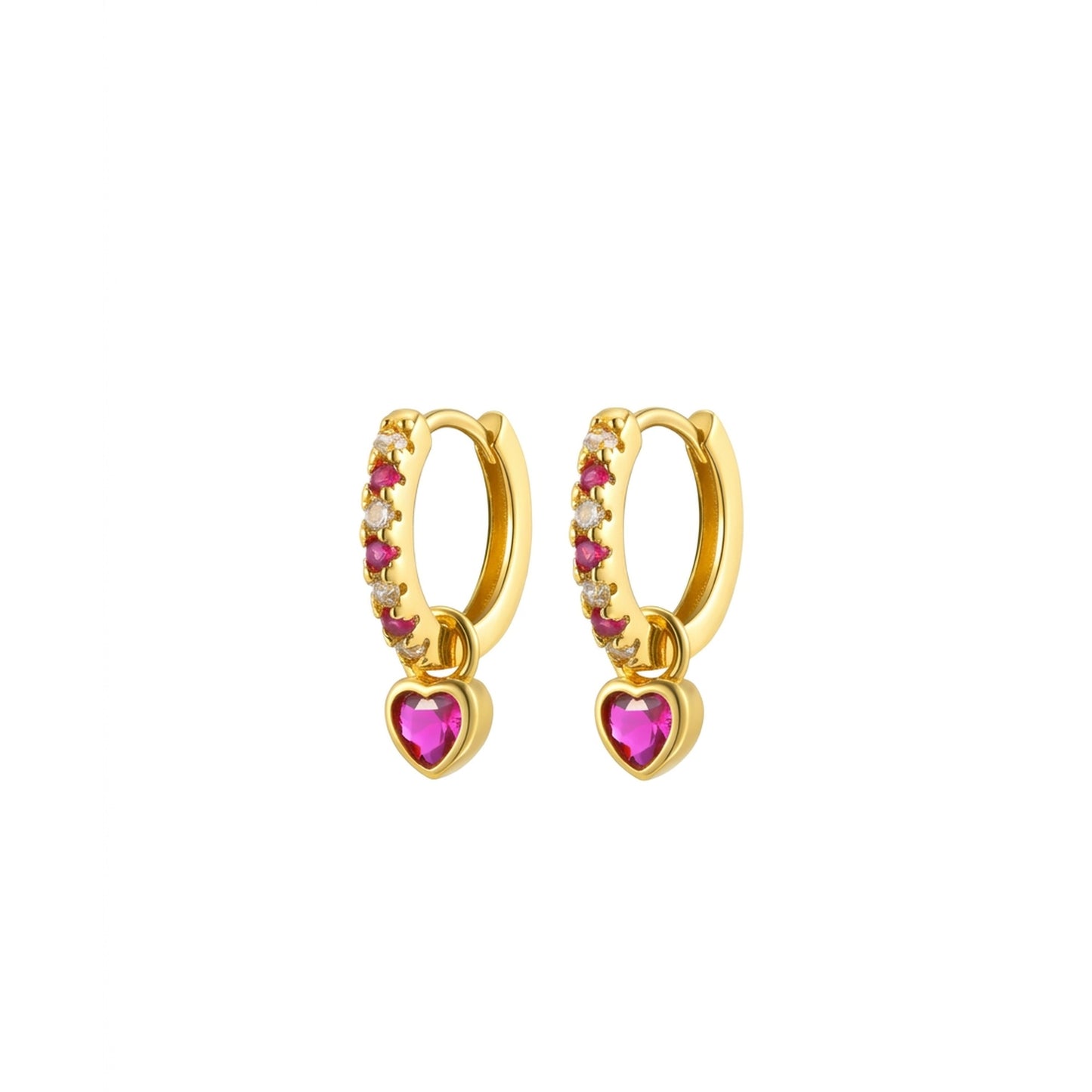 18K Gold Plated Pink CZ Pave Huggie with Fuchsia Heart Drop Earrings
