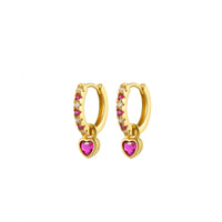 18K Gold Plated Pink CZ Pave Huggie with Fuchsia Heart Drop Earrings