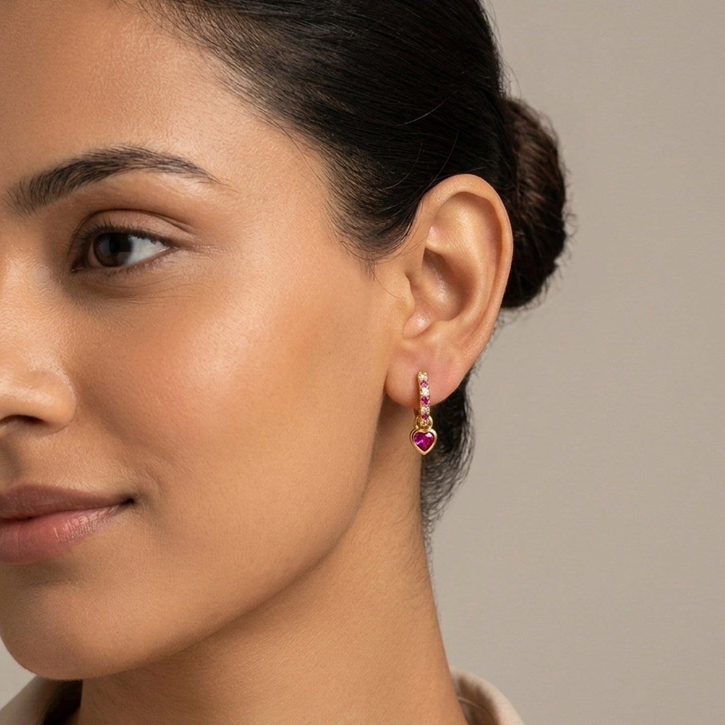18K Gold Plated Pink CZ Pave Huggie with Fuchsia Heart Drop Earrings