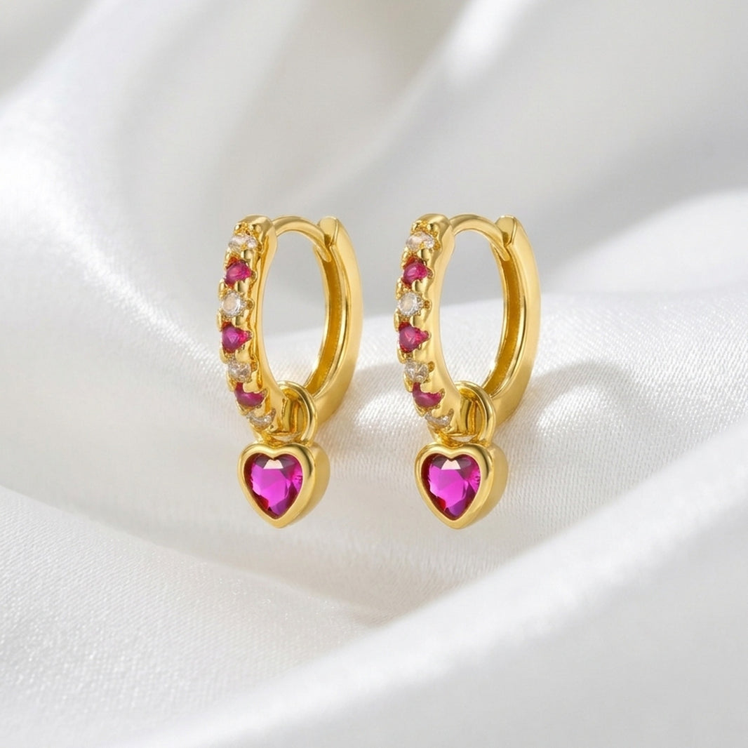 18K Gold Plated Pink CZ Pave Huggie with Fuchsia Heart Drop Earrings