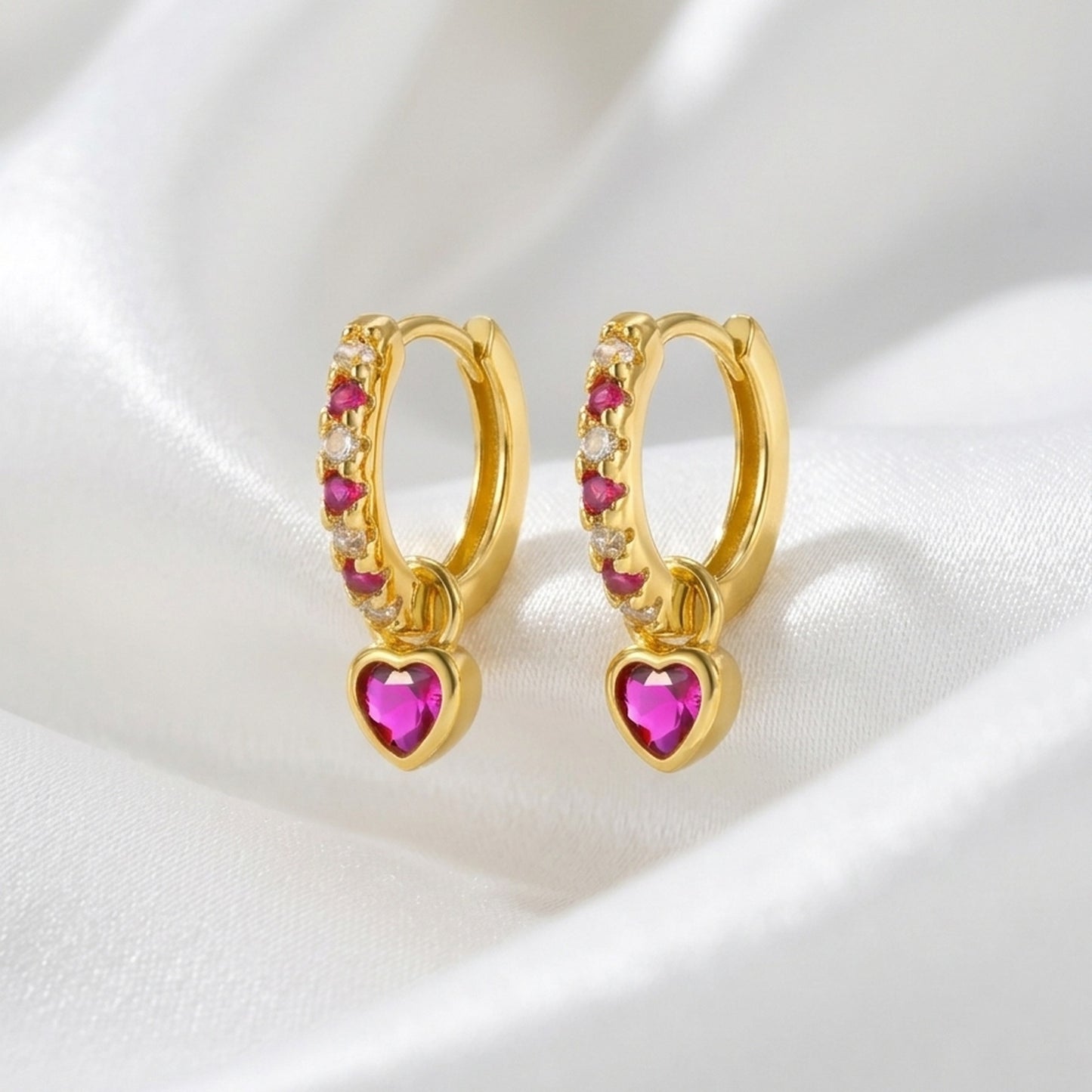 18K Gold Plated Pink CZ Pave Huggie with Fuchsia Heart Drop Earrings