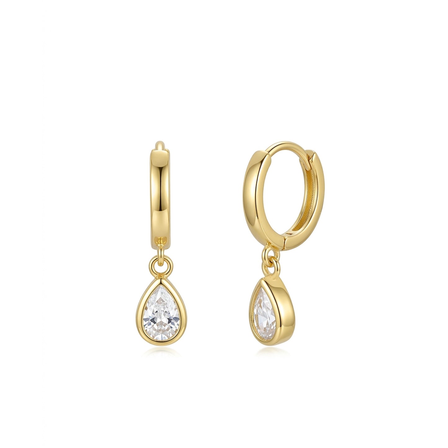 18K Gold Plated Plain Huggie with Bezel Pear CZ Drop Earrings