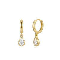 18K Gold Plated Plain Huggie with Bezel Pear CZ Drop Earrings
