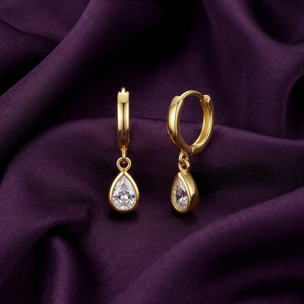 18K Gold Plated Plain Huggie with Bezel Pear CZ Drop Earrings