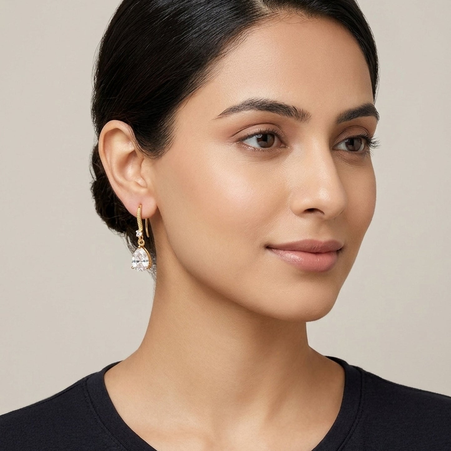 18K Gold Plated Pear CZ Drop Fish Hook Earrings