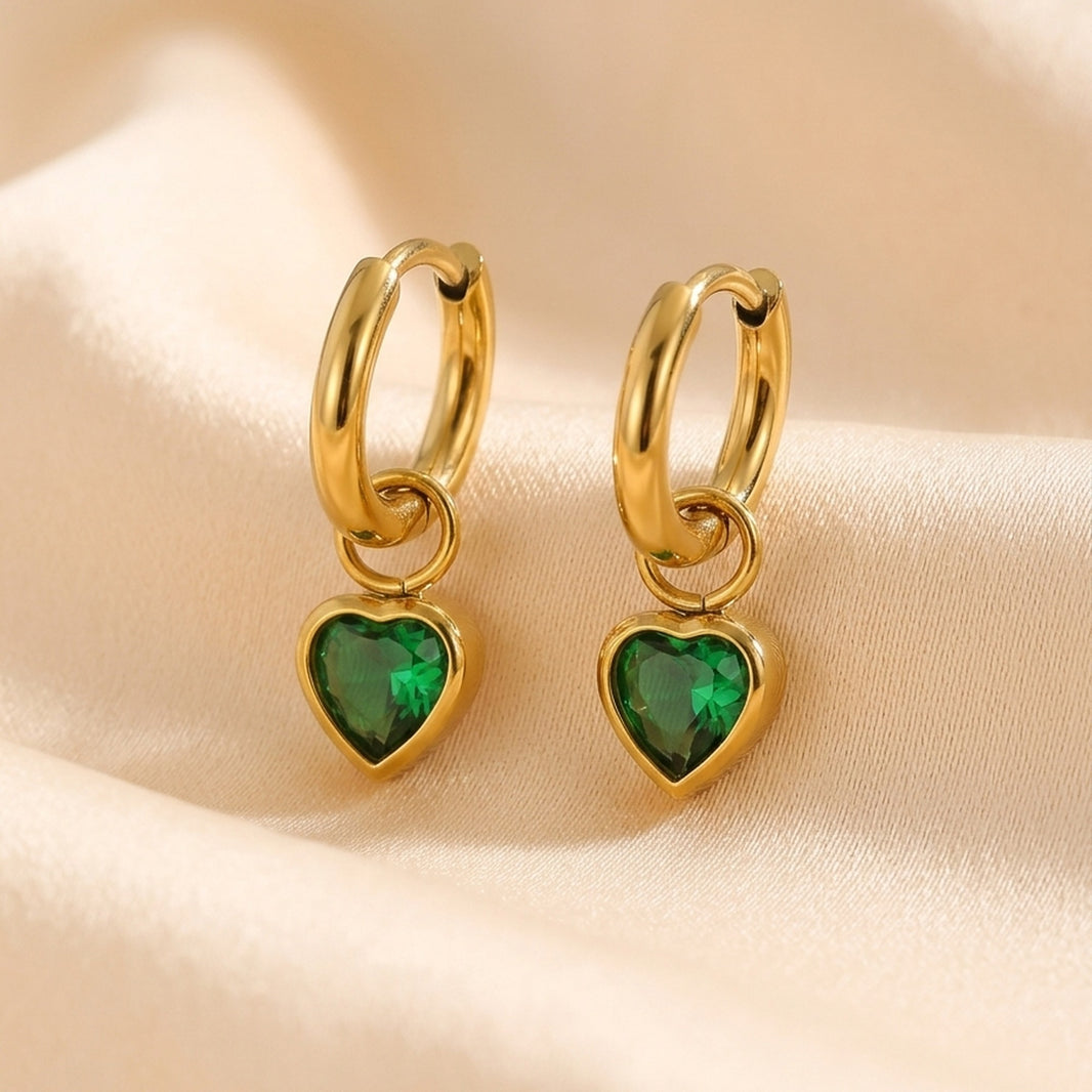 18K Gold Plated Green Heart Bezel Drop Huggie Earrings
