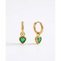 18K Gold Plated Green Heart Bezel Drop Huggie Earrings