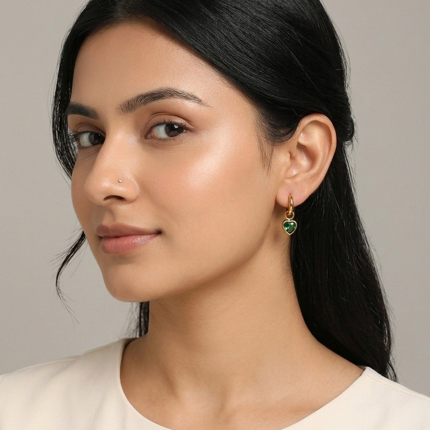18K Gold Plated Green Heart Bezel Drop Huggie Earrings