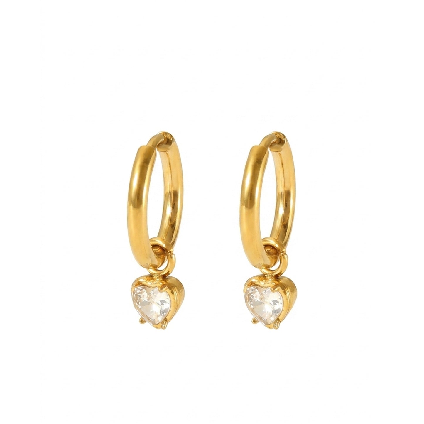 18K Gold Plated Clear Heart CZ Prong Drop Huggie Earrings