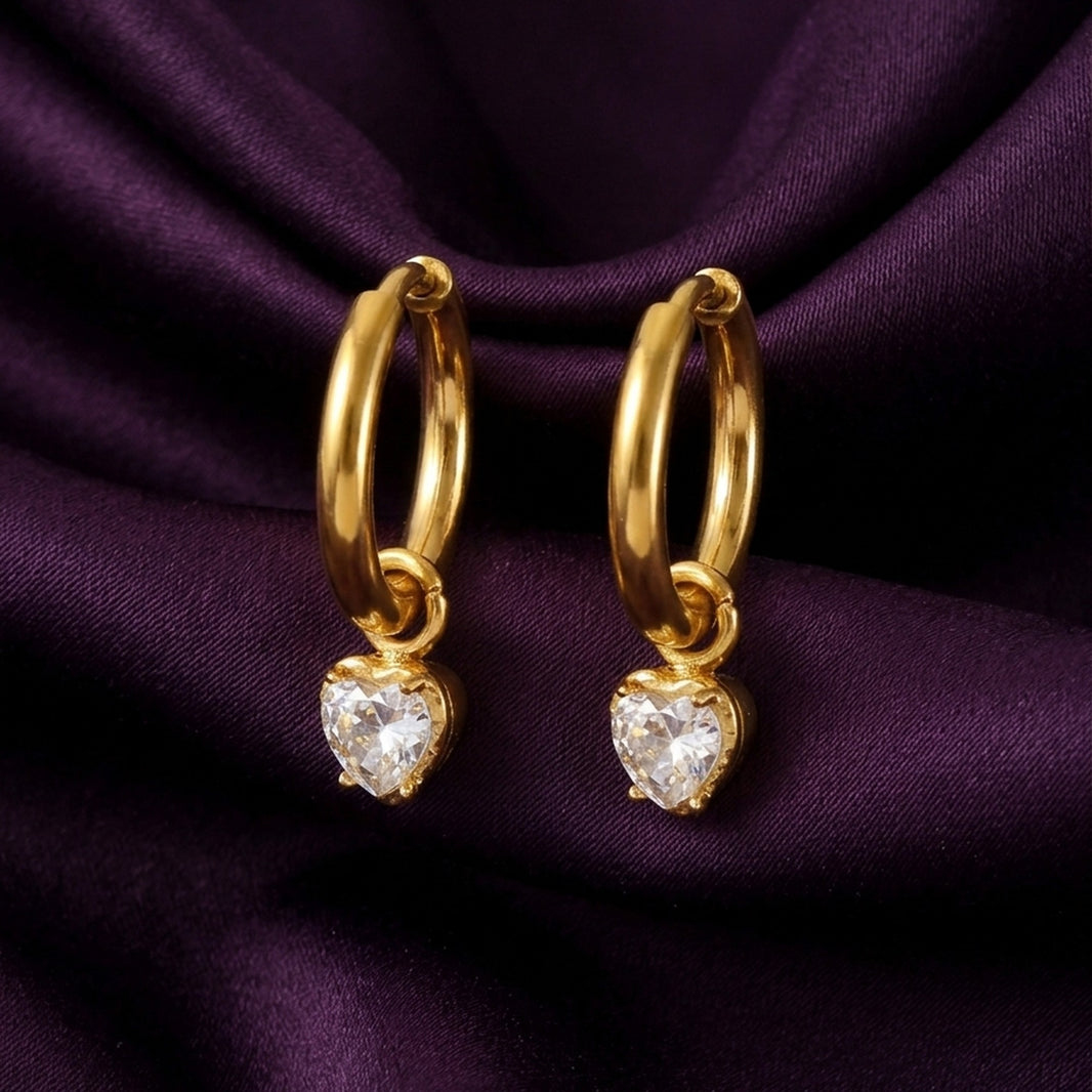 18K Gold Plated Clear Heart CZ Prong Drop Huggie Earrings