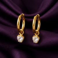 18K Gold Plated Clear Heart CZ Prong Drop Huggie Earrings