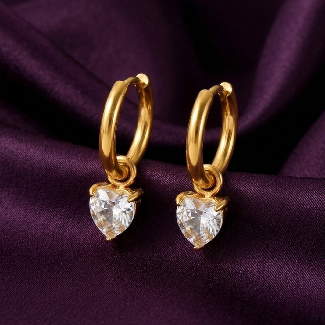 18K Gold Plated Clear Heart CZ Solitaire Drop Huggie Earrings