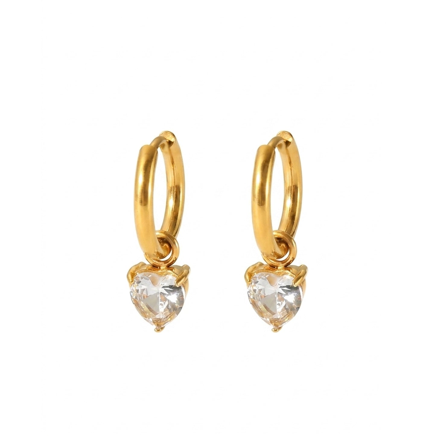18K Gold Plated Clear Heart CZ Solitaire Drop Huggie Earrings