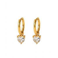 18K Gold Plated Clear Heart CZ Solitaire Drop Huggie Earrings