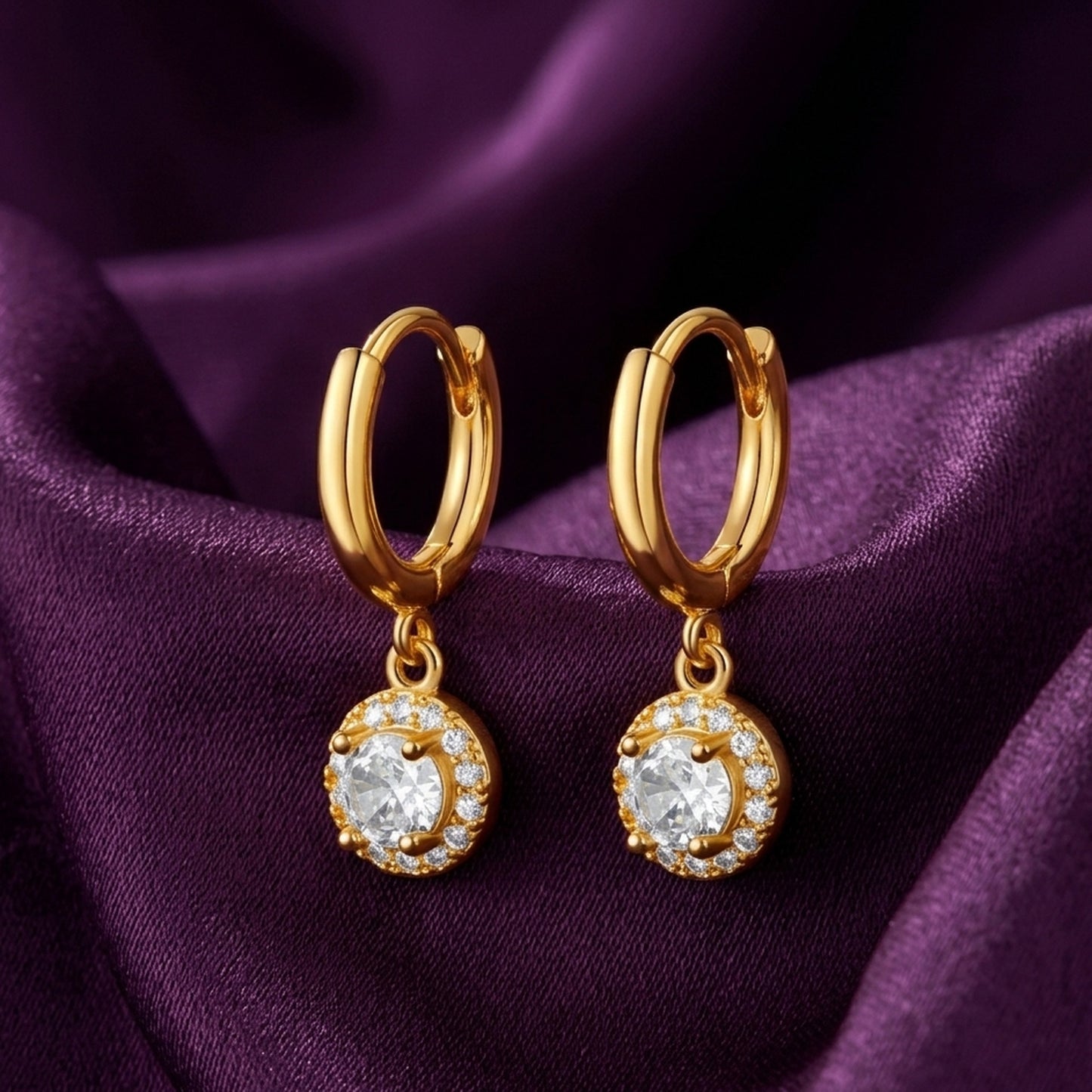 18K Gold Plated Round Halo CZ Drop Huggie Earrings