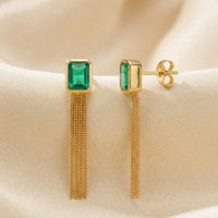 18K Gold Plated Emerald Green CZ Bezel Stud with Gold Tassel Chain Earrings
