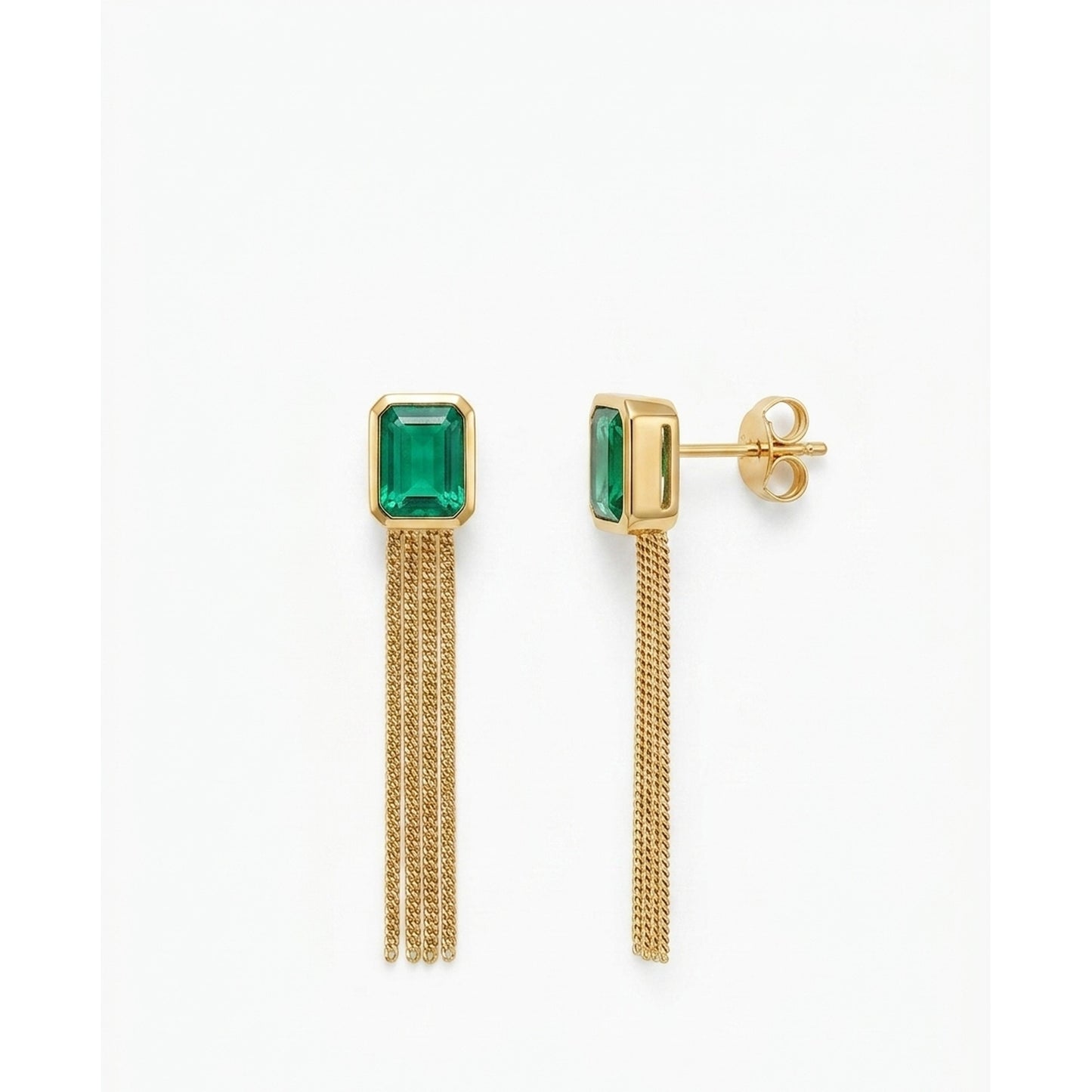 18K Gold Plated Emerald Green CZ Bezel Stud with Gold Tassel Chain Earrings