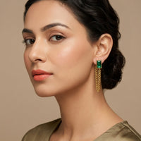 18K Gold Plated Emerald Green CZ Bezel Stud with Gold Tassel Chain Earrings