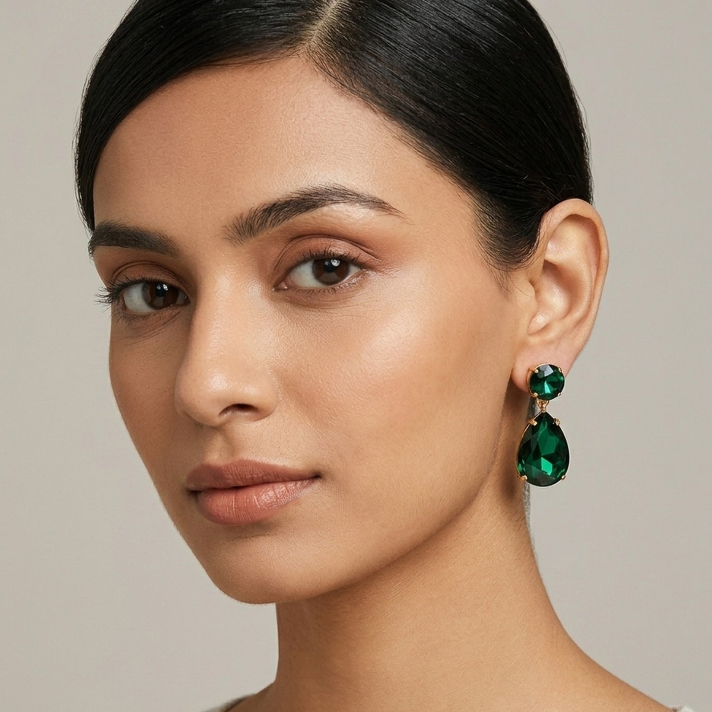 18K Gold Plated Emerald Green Round & Pear CZ Statement Drop Earrings
