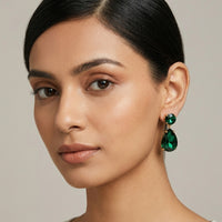 18K Gold Plated Emerald Green Round & Pear CZ Statement Drop Earrings
