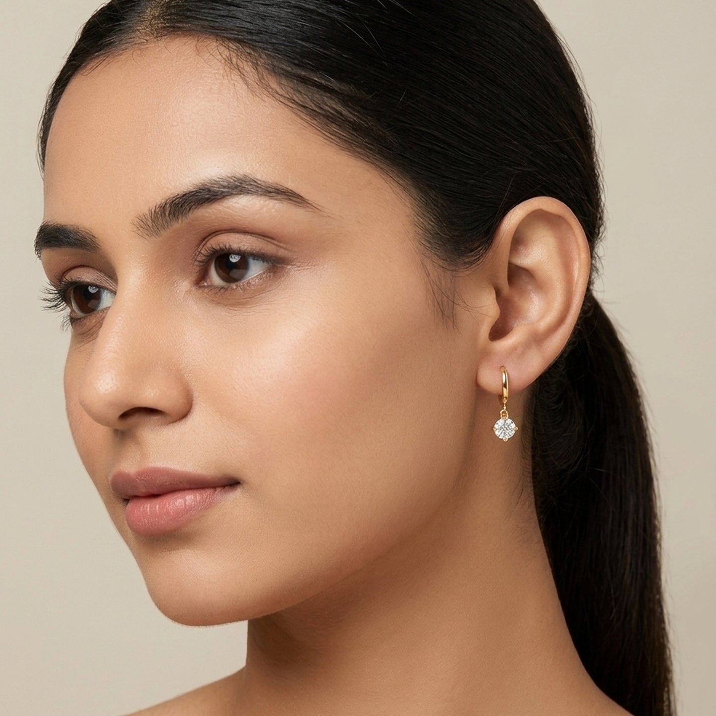 18K Gold Plated Round CZ Solitaire Drop Huggie Earrings