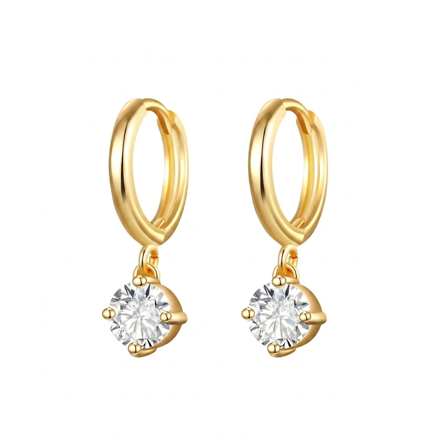 18K Gold Plated Round CZ Solitaire Drop Huggie Earrings
