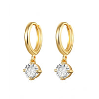 18K Gold Plated Round CZ Solitaire Drop Huggie Earrings