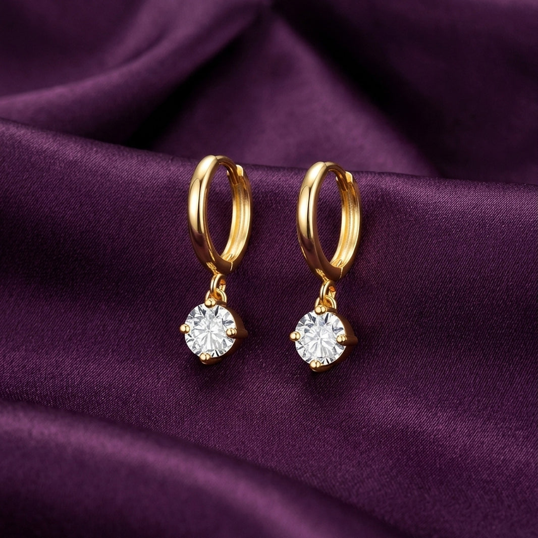 18K Gold Plated Round CZ Solitaire Drop Huggie Earrings