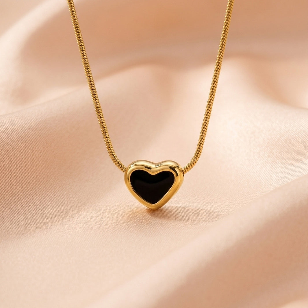 18K Gold Plated Black Onyx Heart Slider Necklace