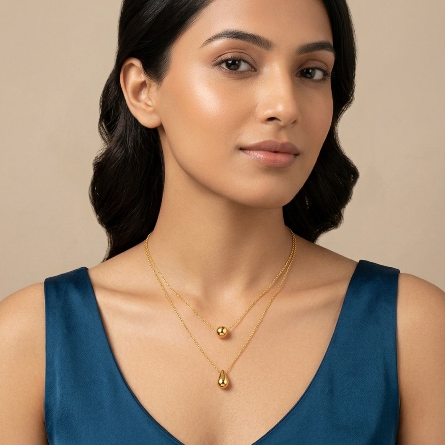 18K Gold Plated Double Layer Ball & Teardrop Necklace