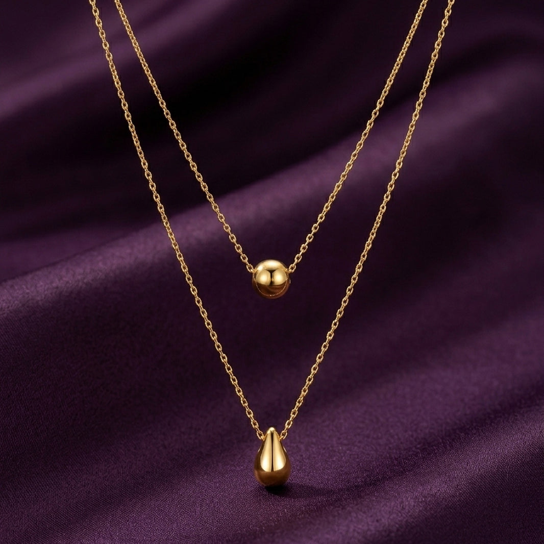 18K Gold Plated Double Layer Ball & Teardrop Necklace