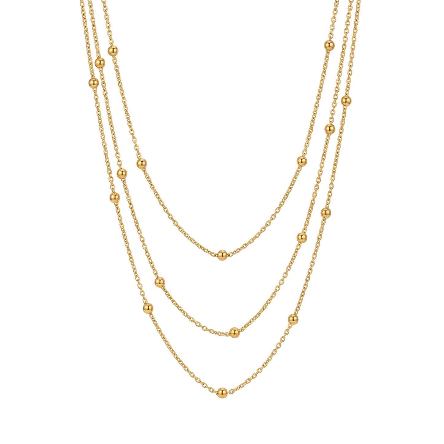 18K Gold Plated Triple Layer Beaded Chain Necklace