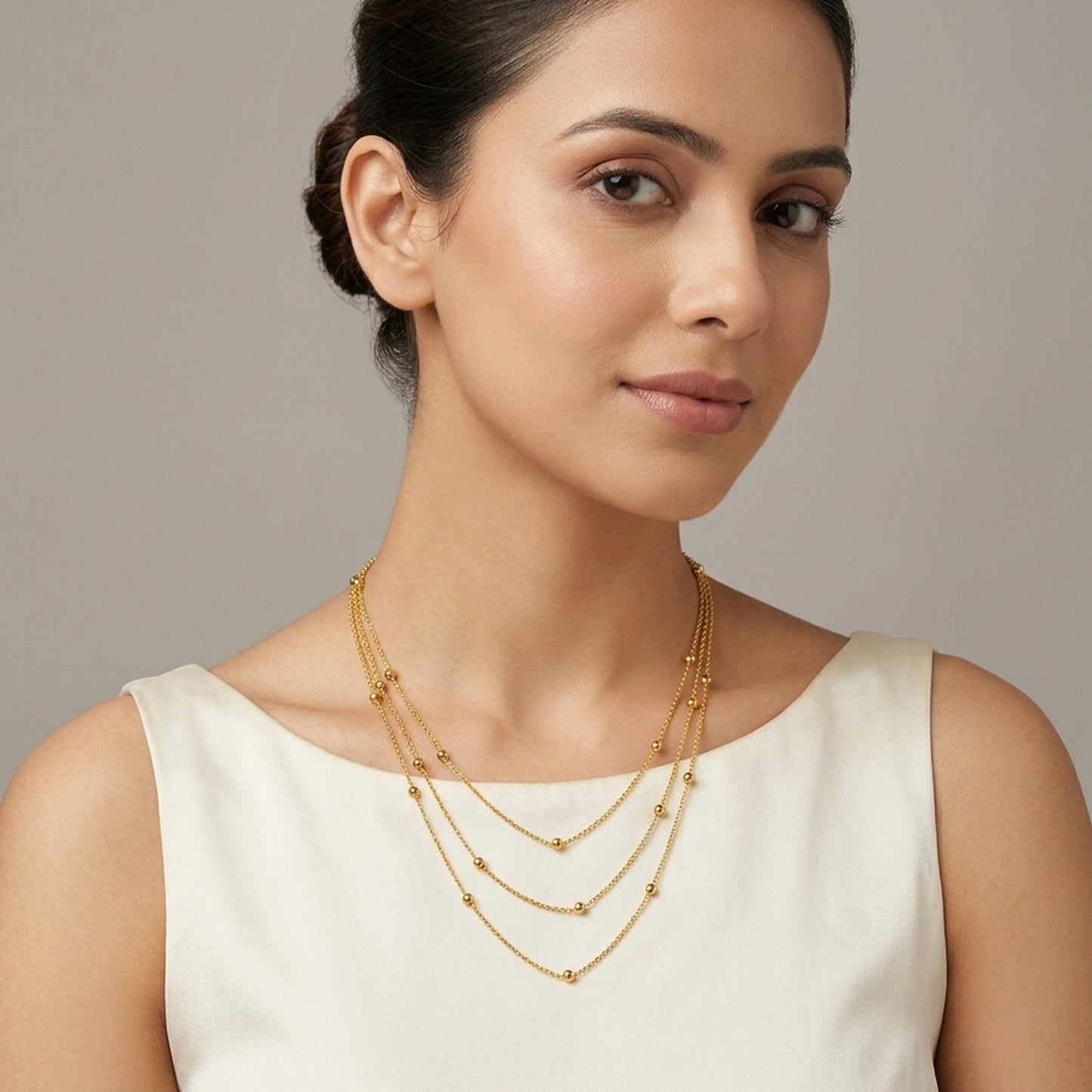 18K Gold Plated Triple Layer Beaded Chain Necklace